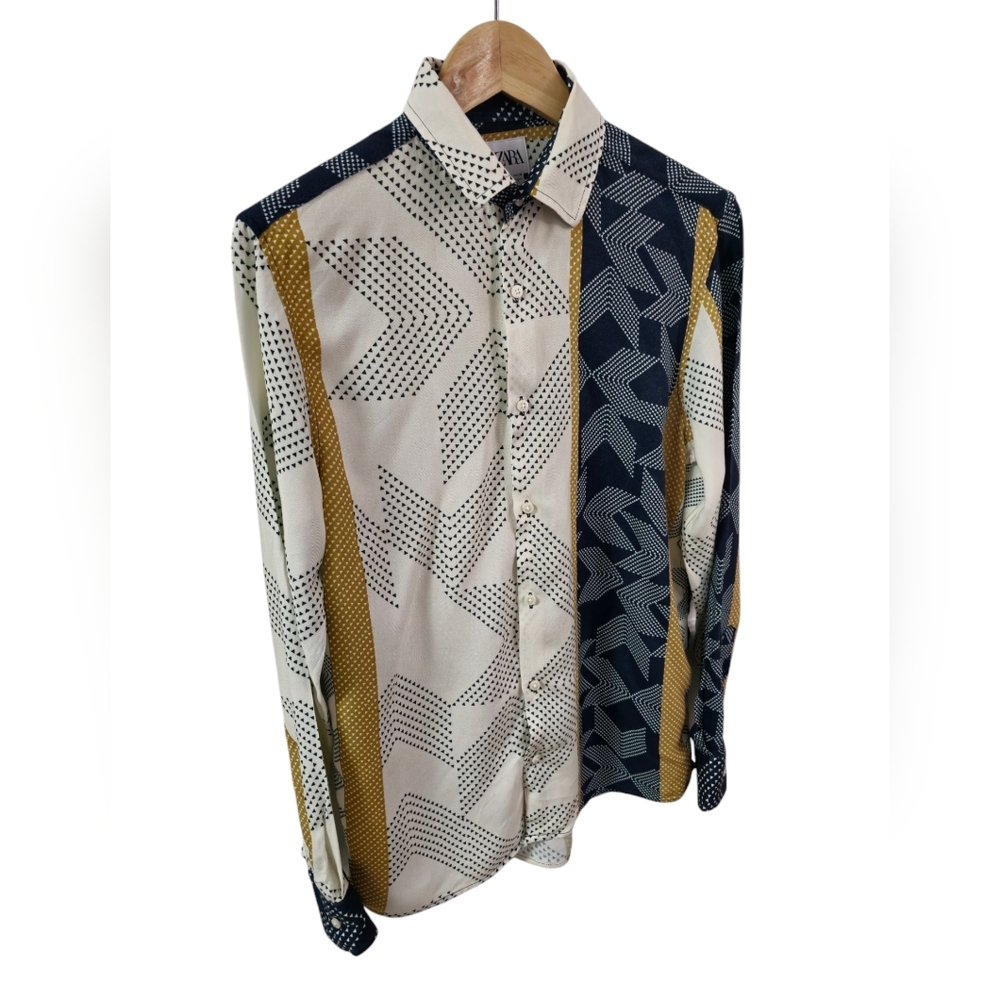 ZARA Men's Long Sleeve Shirt Abstract Regular Fit Blue Beige Size Small - Picture 3 of 12